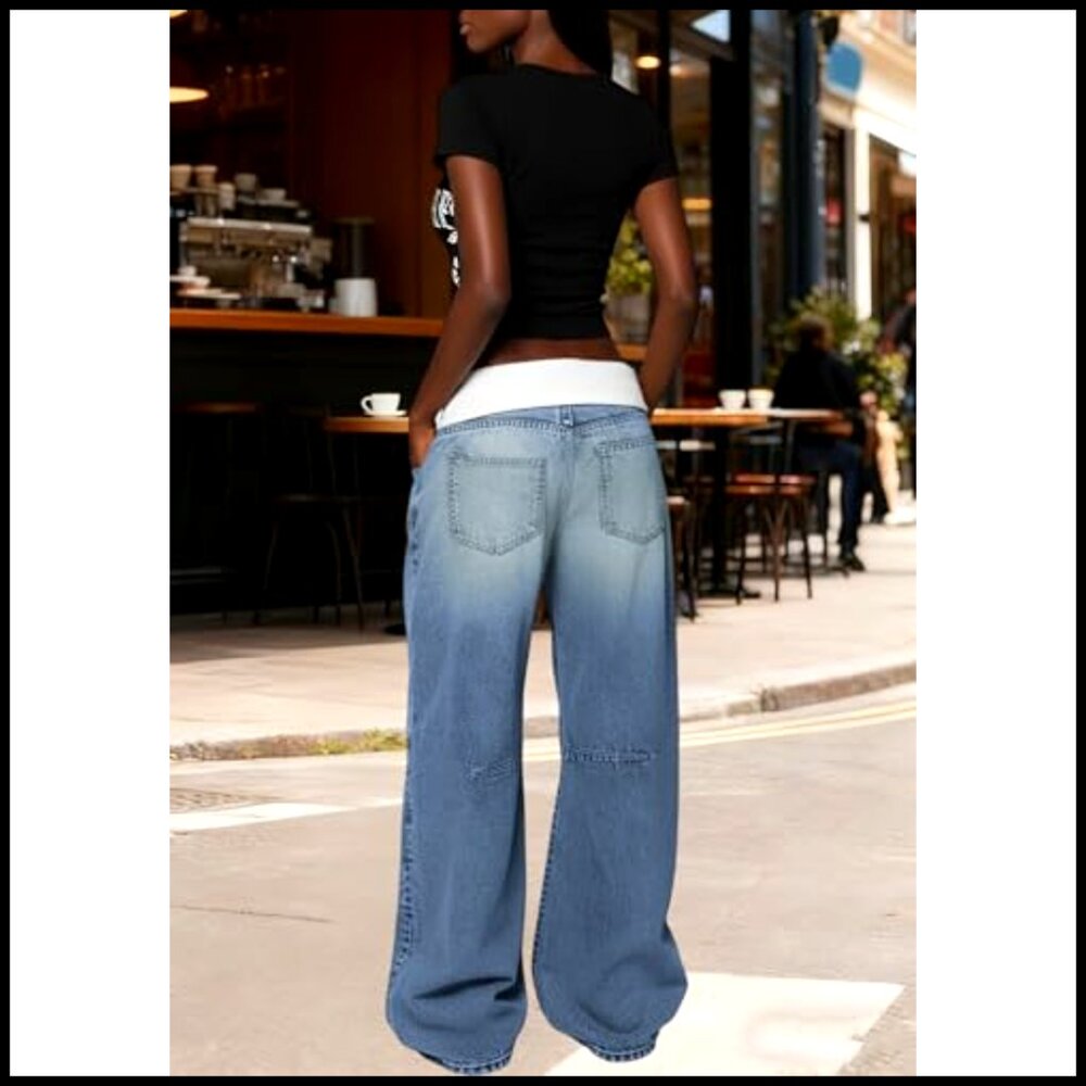Wide Leg Denim Pants Stretchy Y2K Streetwear Baggy High Rise Color Block - Picture 7 of 7